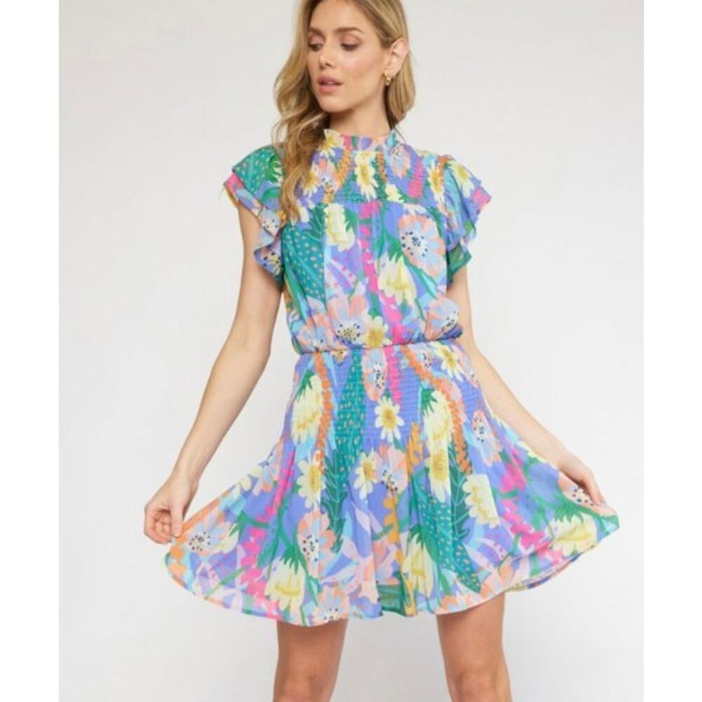 Entro Women’s Large Floral Smocked Mini Dress Flutter Sleeve Multicolor Boho